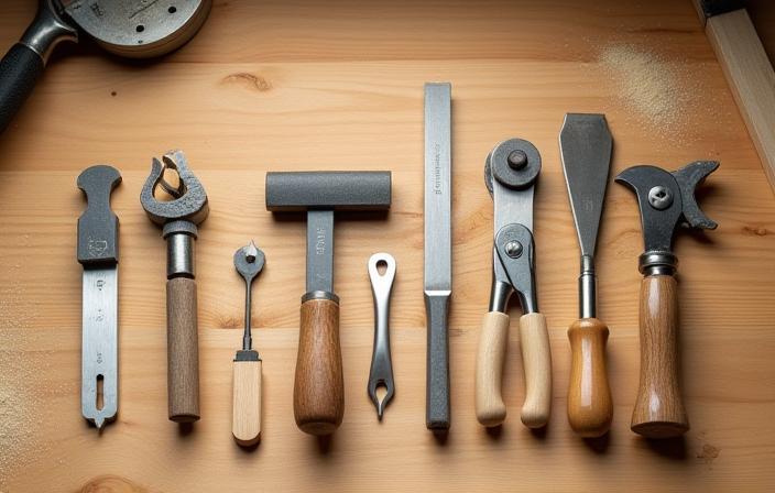 Hand tools neatly arranged on oak workbench