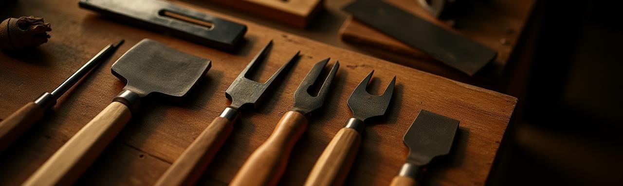 Assorted carpentry tools laid out on bench