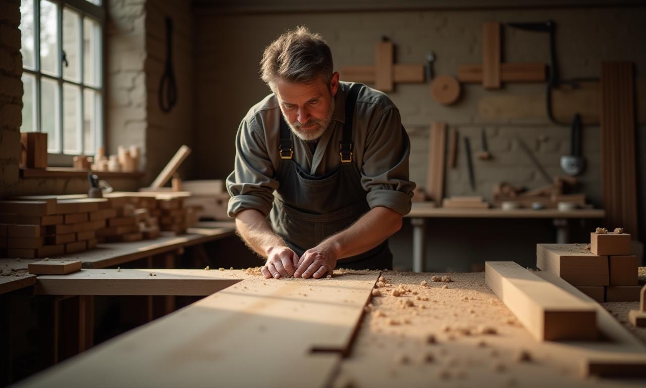 Master carpenter shaping timber in London workshop