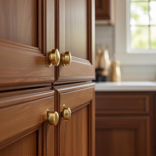 Walnut kitchen cabinetry with brass hardware