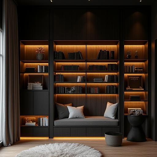 Bespoke home library in matte black ash