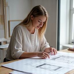 Ella Richards reviewing design sketches